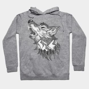 The crying wolf, mountains and wilderness - black ink in stipple technique Hoodie